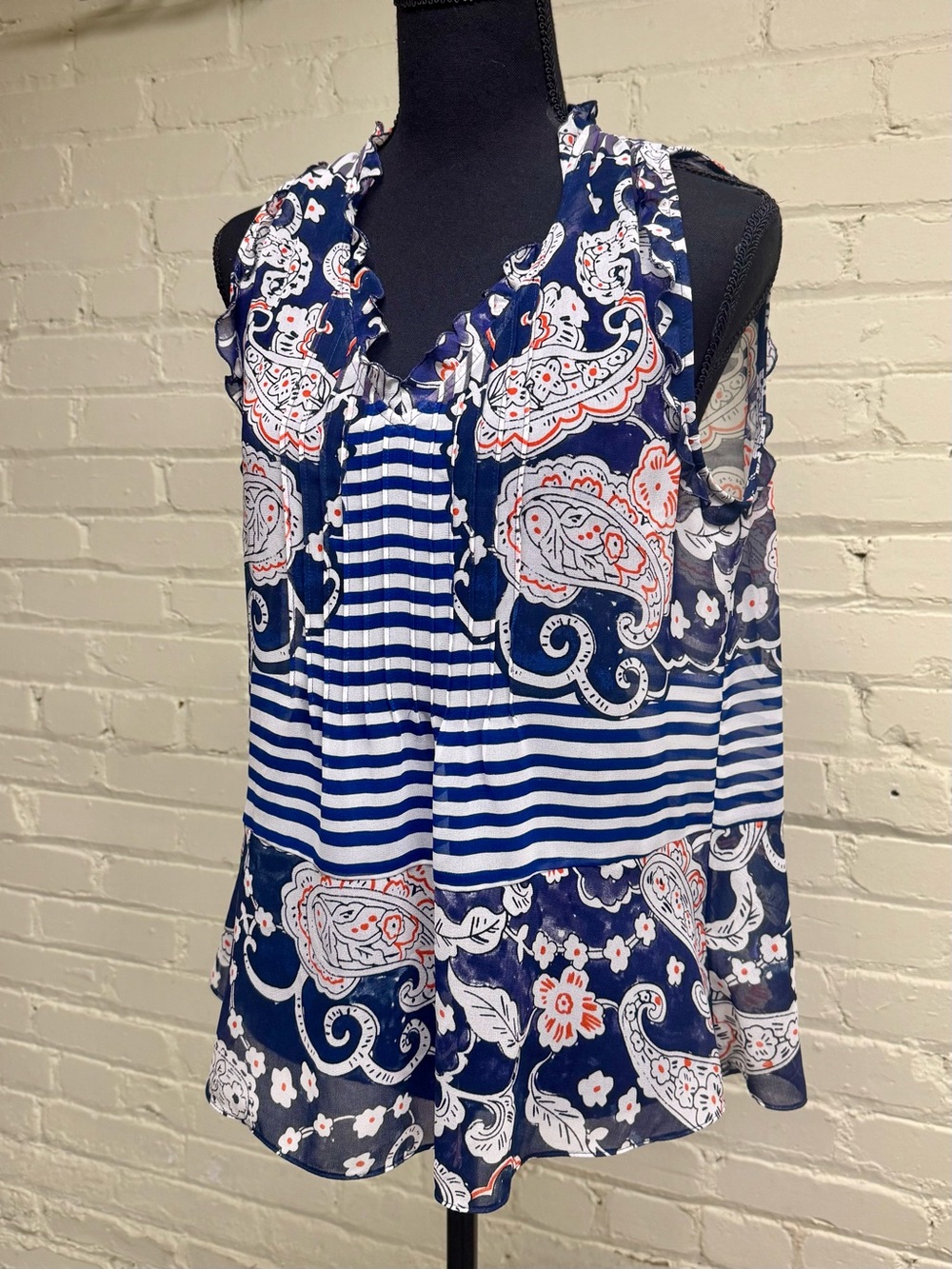 CAbi, Women’s Navy, White & Orange Paisley Striped Sleeveless Blouse, Size XS